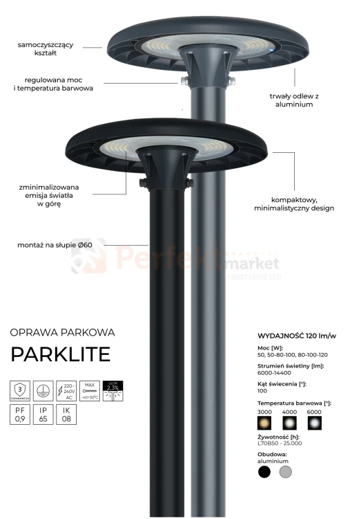 Oprawa parkowa LED PARKLITE 50W CCT 6000lm szara LITE zalety perfektmarket.webp