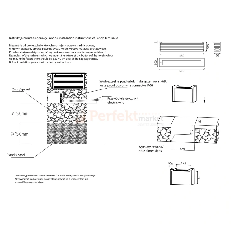 LANDO lampa dogruntowa linowa wall washer LED 20W 4000K 2075lm IP67 srebrna perfektmarket montaż.webp