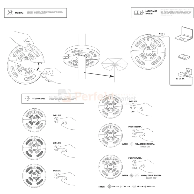 Lampa sLampka LED pod parasol ogrodowy z akumulatorem BIRRA 4000K USB C IP44 perfektmarket (4).webp