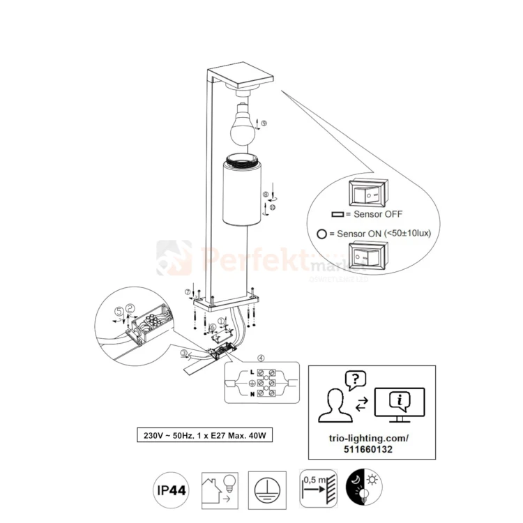 Lampa ogrodowa stojąca TRIO ARDILA 65cm czujnik zmierzchu czarna IP44 instrukcja perfektmarket.webp