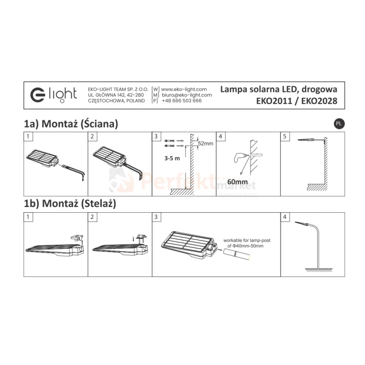 Solarna lampa LED STREET 15W 1650lm 4000K EKO2028 perfektmarket montaż.webp