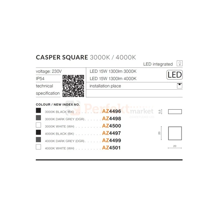 Azzardo oprawa sufitowa zewnętrzna CASPER SQUARE 15W 1300lm 3000K szara IP54 AZ4498 perfektmarket 2.webp