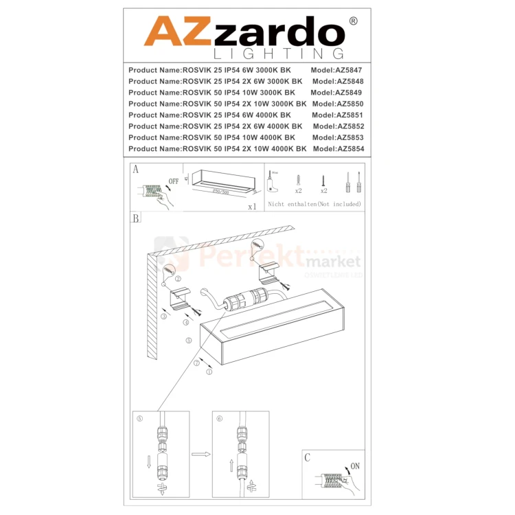 lampa zewnętzna LED długa 50cm ROSVIK nad drzwi czarna IP54 3000K montaż perfektmarket.webp