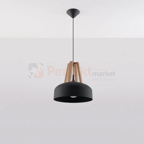 Lampa wisząca skandynawska Sollux Casco 1xE27 SL.0388 IP20 - czarna, naturalne drewno  01
