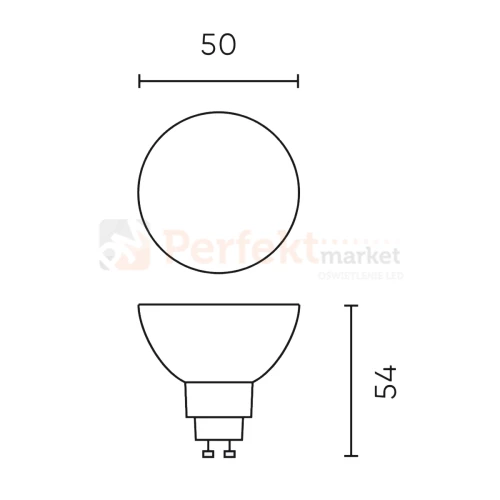 Żarówka LED GU10 ściemnialna 5,5W 345lm  60° dim to warm 2200-3000K wymiary perfektmarket.webp