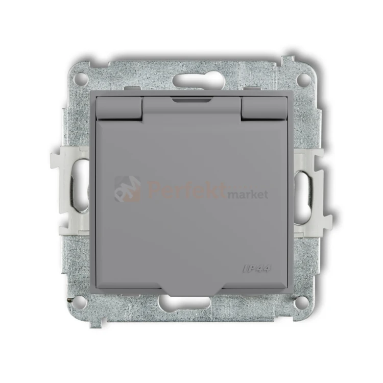 KARLIK MINI gniazdo z klapką IP44 z uziemieniem 2P+Z (klapka szary mat, przesłony torów prądowych) szary mat 27MGPB-1zp szary mat perfekt market olsztyn