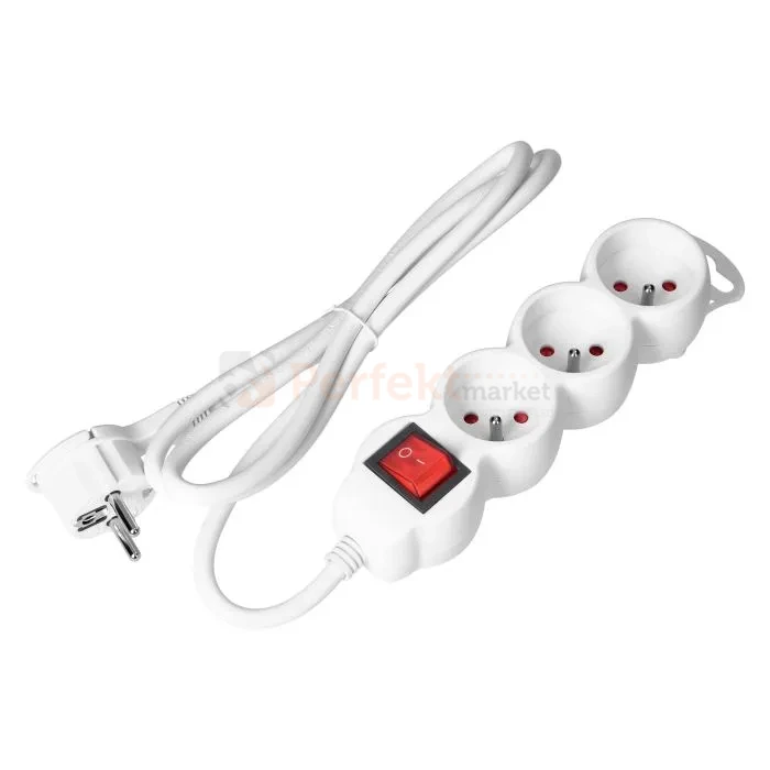 Przedłużacz mieszkaniowy 3G 1,5m z wyłącznikiem H05VV-F 3x1,5mm² 16A płaska wtyczka biały perfekt market olsztyn