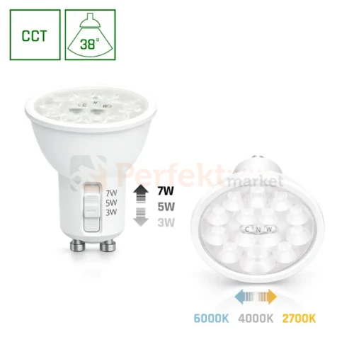 Żarówka LED GU10 230V zmienna moc 3/5/7W zmienna barwa CCT 38° biała obudowa perfekt market olsztyn