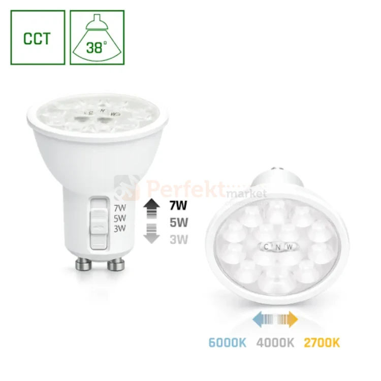 Żarówka LED GU10 230V zmienna moc 3/5/7W zmienna barwa CCT 38° biała obudowa perfekt market olsztyn