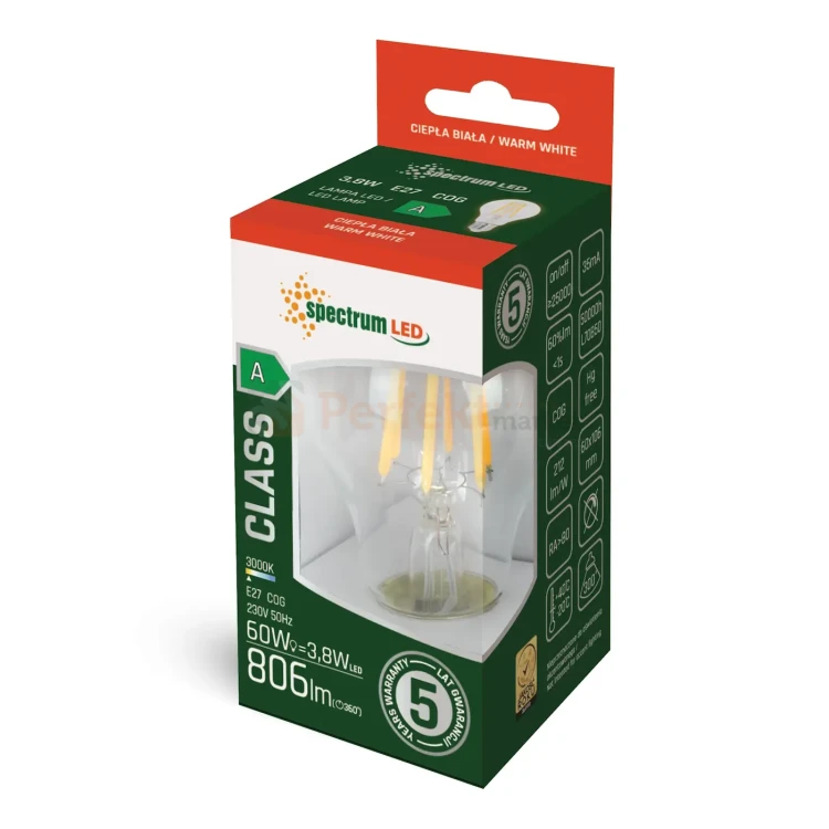 Żarówka LED A60 E27 230V 3,8W 806lm 300° szklana filament PREMIUM A-CLASS perfekt market olsztyn
