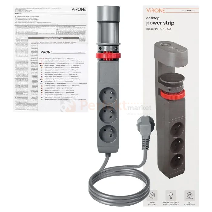 Przedłużacz biurkowy 3G 2P+Z przewód 1,5m H05VV-F 3x1,5mm²  2xUSB-A + 1xUSB+C szary matowy perfekt market olsztyn