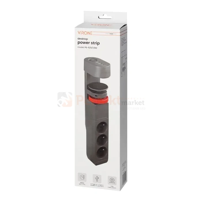 Przedłużacz biurkowy 3G 2P+Z przewód 1,5m H05VV-F 3x1,5mm²  2xUSB-A + 1xUSB+C szary matowy perfekt market olsztyn