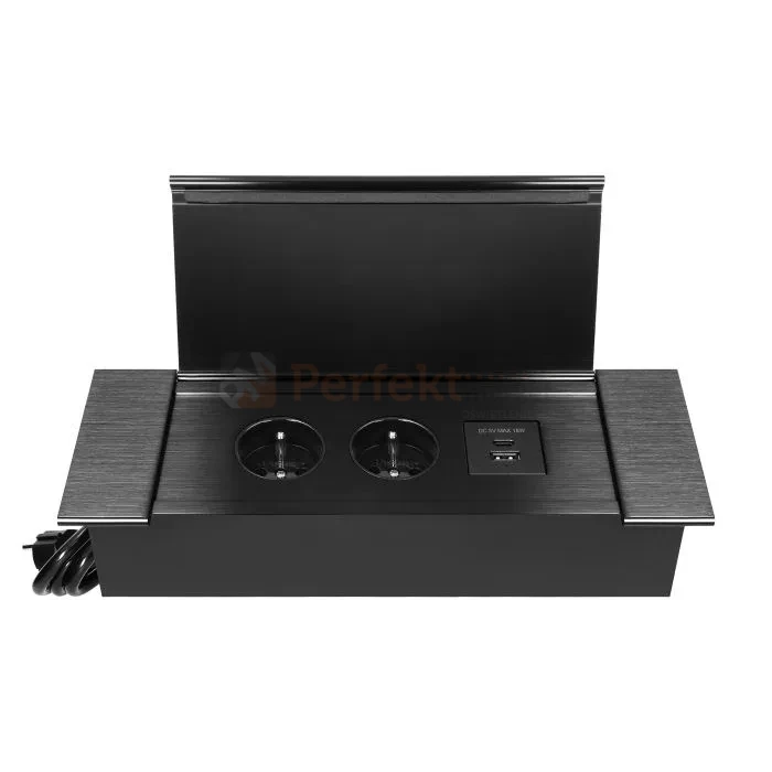 Gniazdo meblowe wpuszczane 2x230V + USB-A+C czarne szczotkowane aluminium POWERPORT perfekt market olsztyn