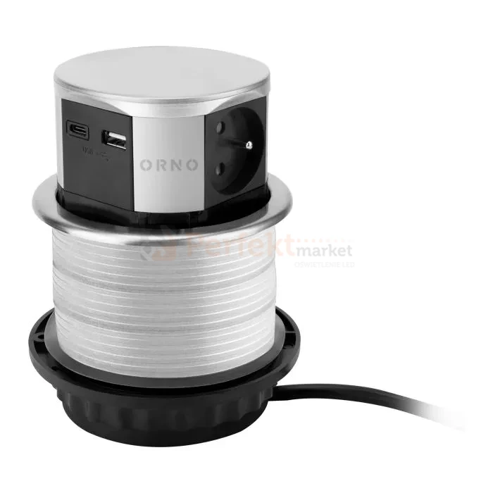 Gniazdo meblowe Ø10cm wysuwane z blatu z ładowarką USB i przewód 1,5m 1xUSB-A + 1xUSB-C max. 3A srebrne perfekt market olsztyn
