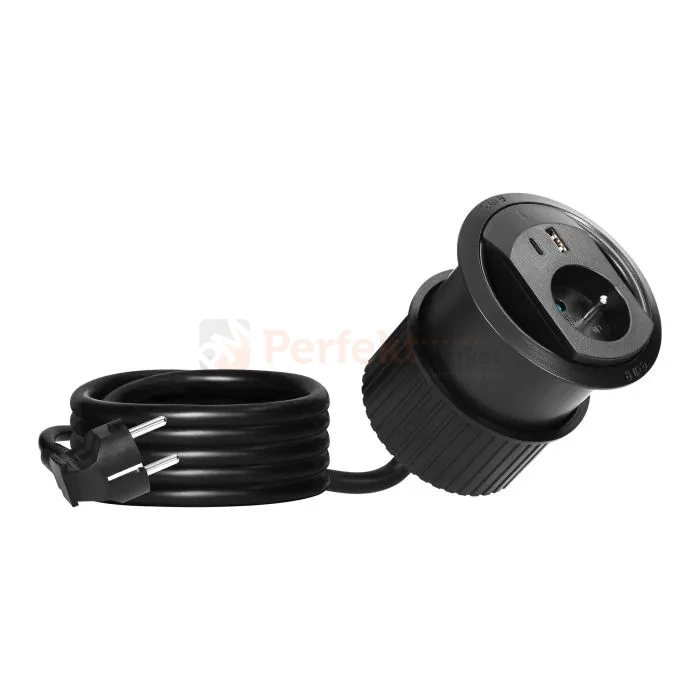Gniazdo wpuszczane w blat z ładowarką USB przewód 1,4m 1x230V 1xUSB-A + 1xUSB-C 20W czarne ORNO perfekt market olsztyn