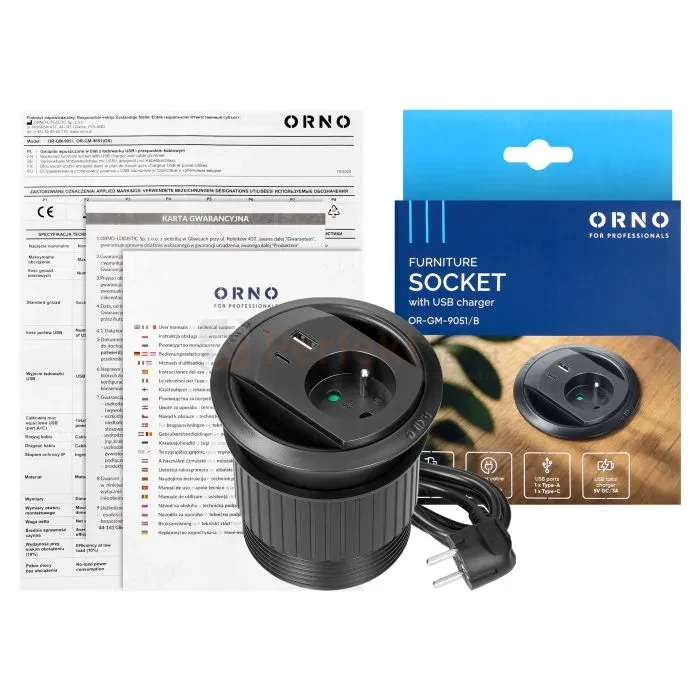 Gniazdo wpuszczane w blat z ładowarką USB przewód 1,4m 1x230V 1xUSB-A + 1xUSB-C 20W czarne ORNO perfekt market olsztyn