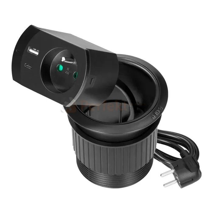 Gniazdo wpuszczane w blat z ładowarką USB przewód 1,4m 1x230V 1xUSB-A + 1xUSB-C 20W czarne ORNO perfekt market olsztyn