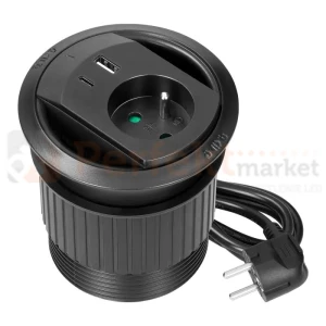 Gniazdo meblowe Ø10cm w blat z wypustem kablowym z ładowarką USB przewód 1,4m 1x230V 1xUSB-A + 1xUSB-C 20W czarne ORNO