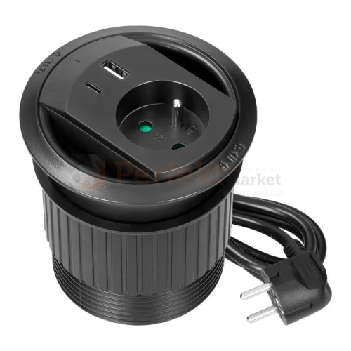 Gniazdo wpuszczane w blat z ładowarką USB przewód 1,4m 1x230V 1xUSB-A + 1xUSB-C 20W czarne ORNO perfekt market olsztyn