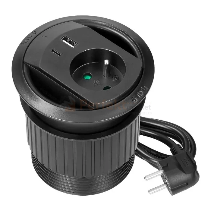 Gniazdo wpuszczane w blat z ładowarką USB przewód 1,4m 1x230V 1xUSB-A + 1xUSB-C 20W czarne ORNO perfekt market olsztyn
