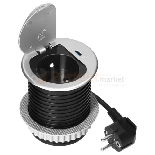 Gniazdo meblowe Ø6cm wpuszczane w blat ładowarka USB przewodem 1,9m 1xUSB-C 20W srebrne ORNO perfekt market