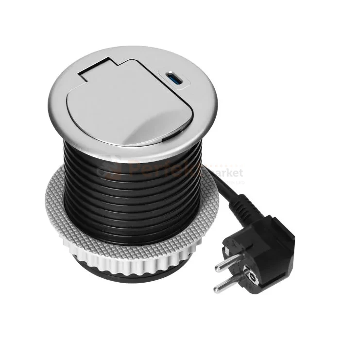 Gniazdo meblowe Ø6cm wpuszczane w blat ładowarka USB przewodem 1,9m 1xUSB-C 20W srebrne ORNO perfekt market