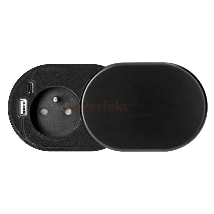 Gniazdo meblowe Ø6cm w blat zasuwane ładowarka USB przewodem 1,9m 1xUSB-A + 1xUSB-C 20W czarne szczotkowane ORNO perfekt market olsztyn