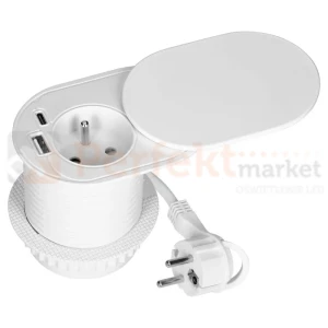 Gniazdo meblowe Ø6cm w blat zasuwane ładowarka USB przewodem 1,9m 1xUSB-A + 1xUSB-C 20W białe ORNO