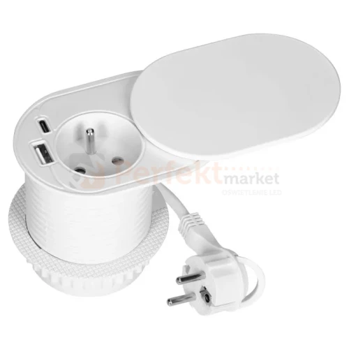 Gniazdo meblowe Ø6cm w blat zasuwane ładowarka USB przewodem 1,9m 1xUSB-A + 1xUSB-C 20W białe ORNO perfekt market olsztyn