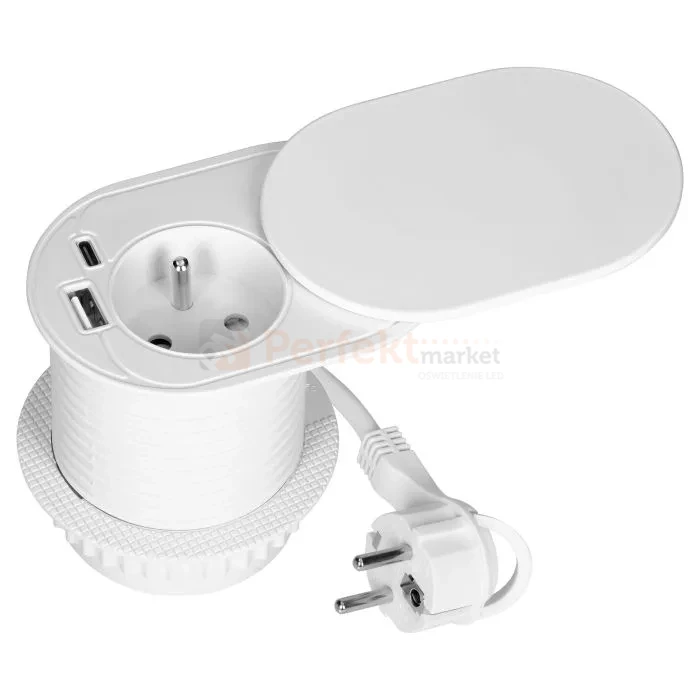Gniazdo meblowe Ø6cm w blat zasuwane ładowarka USB przewodem 1,9m 1xUSB-A + 1xUSB-C 20W białe ORNO perfekt market olsztyn
