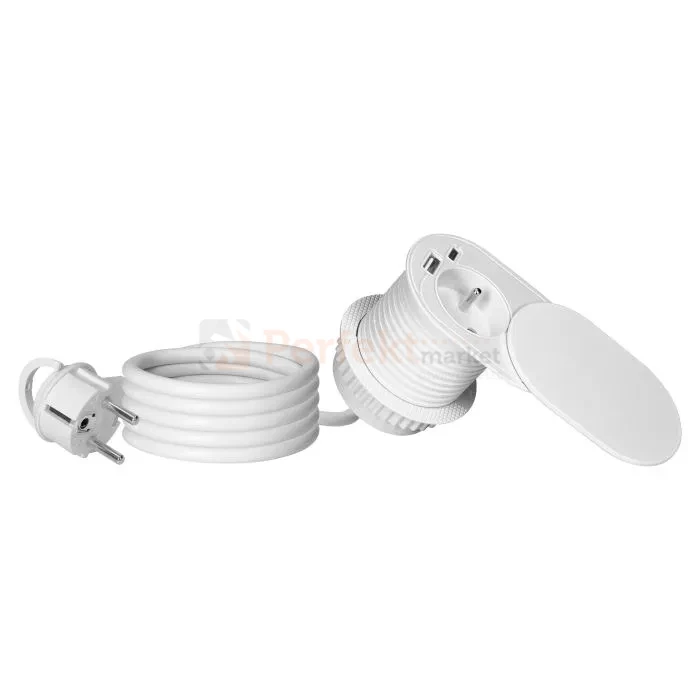 Gniazdo meblowe Ø6cm w blat zasuwane ładowarka USB przewodem 1,9m 1xUSB-A + 1xUSB-C 20W białe ORNO perfekt market olsztyn