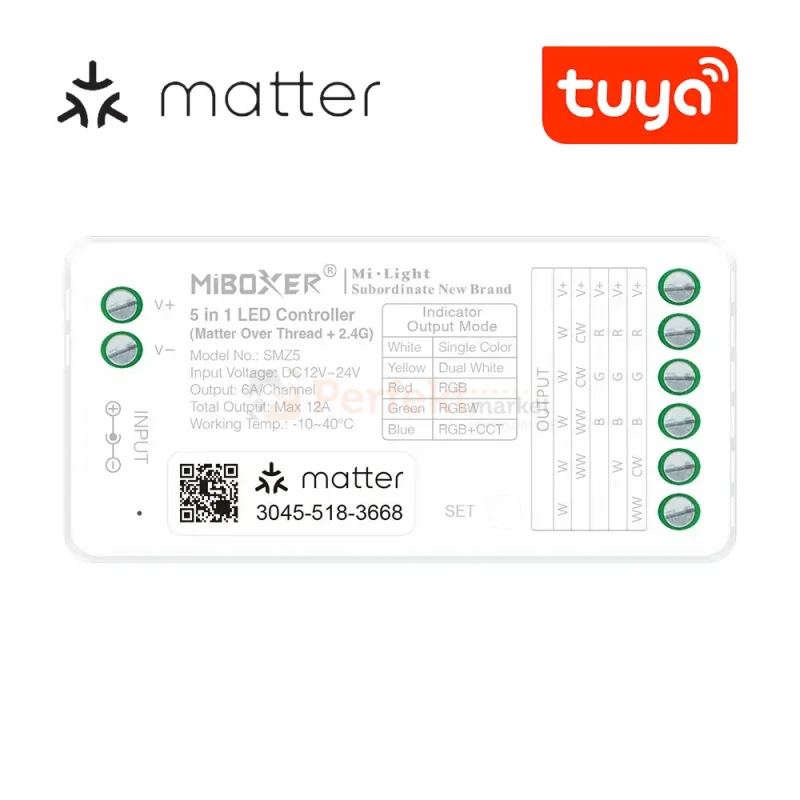 MiBoxer odbiornik strefowy do taśm LED 5w1 MONO/CCT/RGB/RGBW/RGB+CCT max 12A WiFi + Matter + RF 2,4GHz SM5 perfekt market olsztyn
