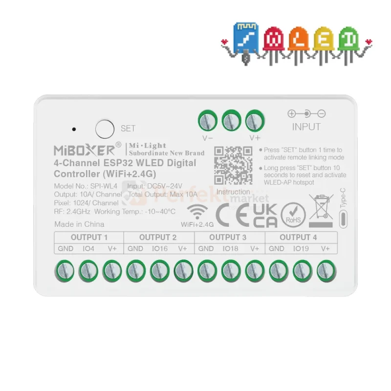 MiBoxer sterownik LED 4 kanałowy SPI-WL4 5w1 MONO/CCT/RGB/RGBW/RGB+CCT WiFi RF cyfrowy kontroler taśmy perfekt market