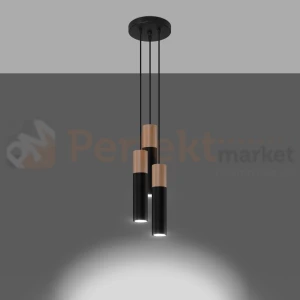 Lampa wisząca PABLO 3P czarna drewniana stal Sollux SL.1014