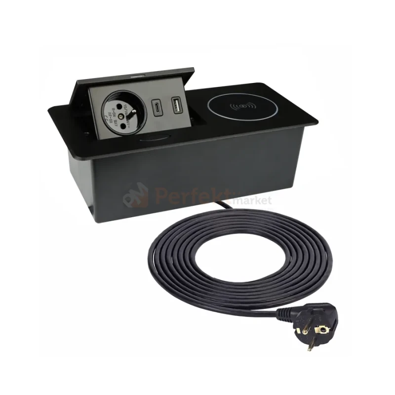 Gniazdo meblowe otwierane ZOEBOX 1x230V + 1xUSB-A + 1xUSB-C z ładowarką indukcyjną czarne perfekt market olsztyn