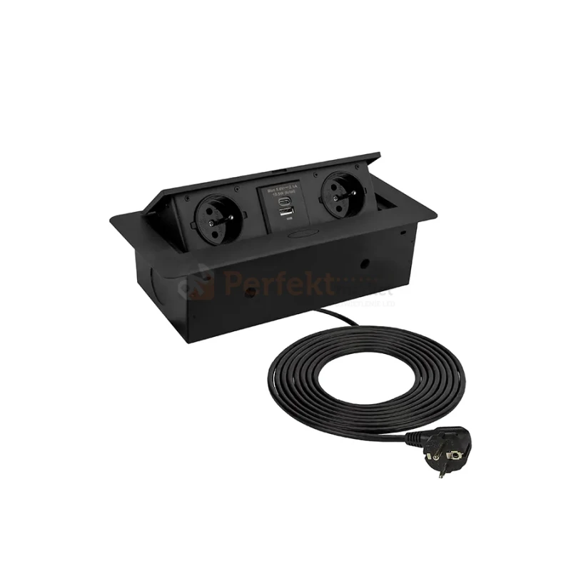 Gniazdo meblowe wpuszczane prostokątne czarnez ładowarka USB 2x230V.webp