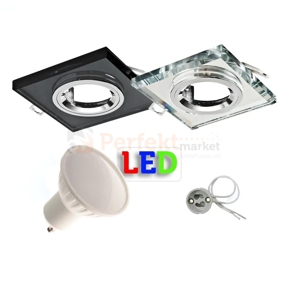 Zestaw LED szklany GU10 2W okrągła oprawa kwadratowa halogenowa oświetlenie_led sklep_led oświetlenie kryształ kryształowa oprawa perfektmarket
