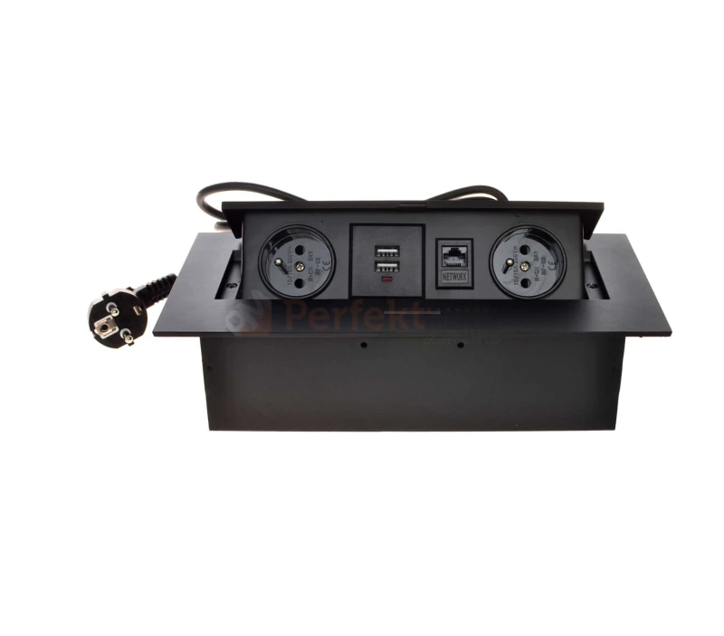 Media Port blatowy Flexi 2x230V 1xRJ45 2x USB z ładowarką 5V czarny