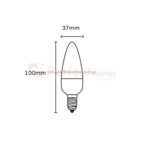 Wymiary żarówki LED E14 480lm świeczka. Moc 5,5 W.