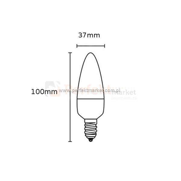 Wymiary żarówki LED E14 480lm świeczka. Moc 5,5 W.