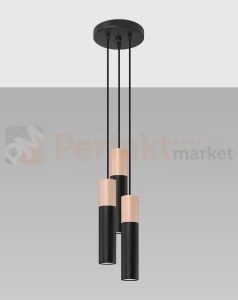 Lampa wisząca PABLO 3P czarna drewniana stal Sollux SL.1014