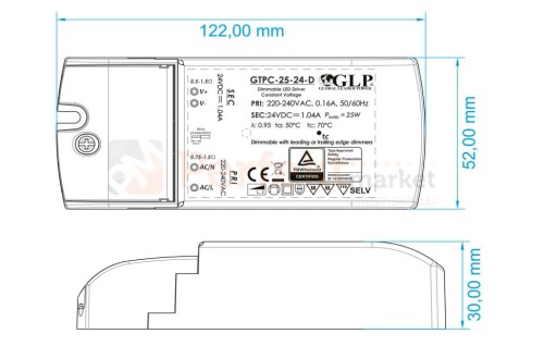 Zasilacz ściemnialny fazowo TRIAK 24V 25W IP20 GTPC-25-24-D wymiary perfektmarket.jpg