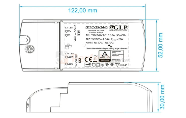 Zasilacz ściemnialny fazowo TRIAK 24V 25W IP20 GTPC-25-24-D wymiary perfektmarket.jpg