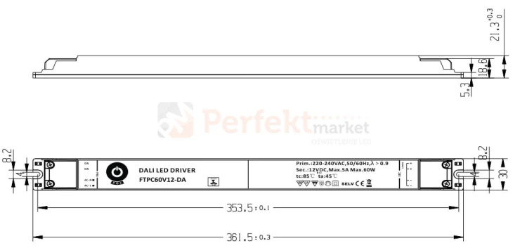 Zasilacz LED 12V 5A CV DALI Push Dimming, linear plastic case FTPC60V12-DA wymiary perfektmarket.jpg