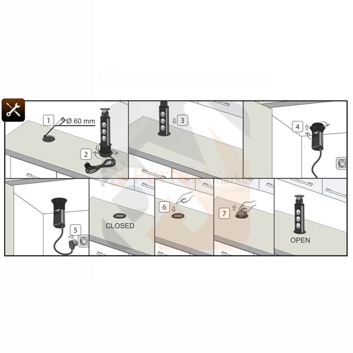 Power port przedłużacz wpuszczany blatowy 3 gniazda 230V 60mm slim