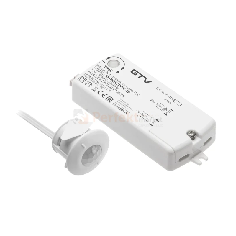 Włącznik bezdotykowy PIR 230V, max.250W, przewód 2m, biały wymiary GTV perfektmarket.webp