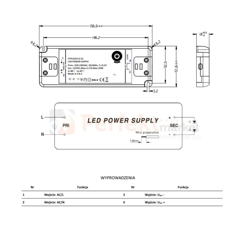 zasilacz 12V meblowy FTPC 50W płaski FTPC50V12-C2 wymiary perfektmarket.webp