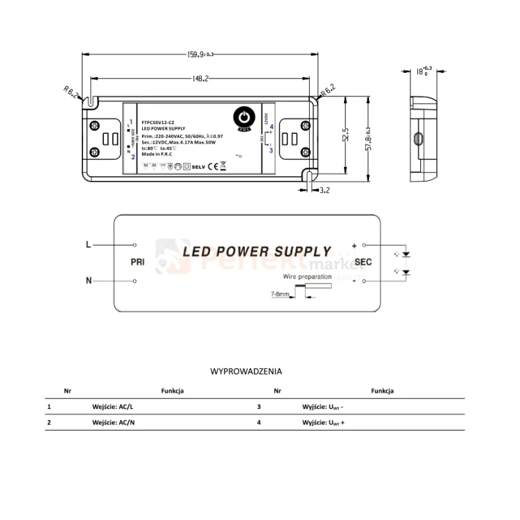 zasilacz 12V meblowy FTPC 50W płaski FTPC50V12-C2 wymiary perfektmarket.webp