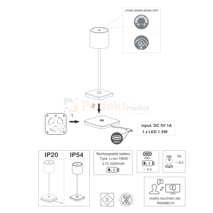 Lampa stołowa do restauracji przenośna ładowalna biała IP54 CCT FERNANDEZ rys perfektmarket.webp