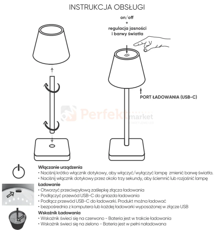 Przenośna lampka bezprzewodowa LED stołowa TAZA 3,5W 400lm CCT IP54 biała 2x2000mAh instrukcja perfektmarket.webp
